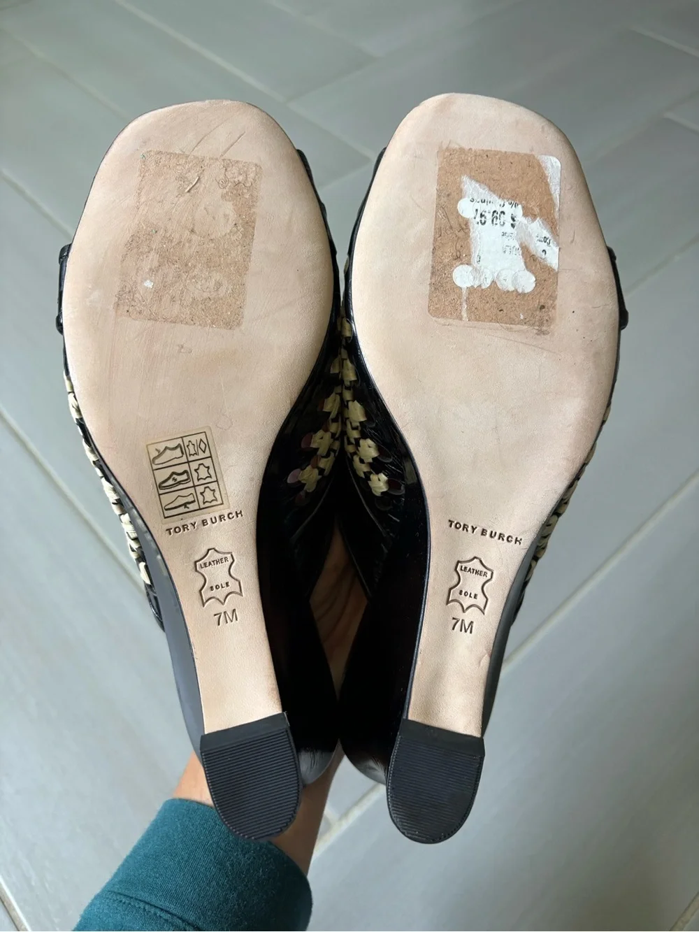 Tory Burch Black and Cream Woven Slide Sandals